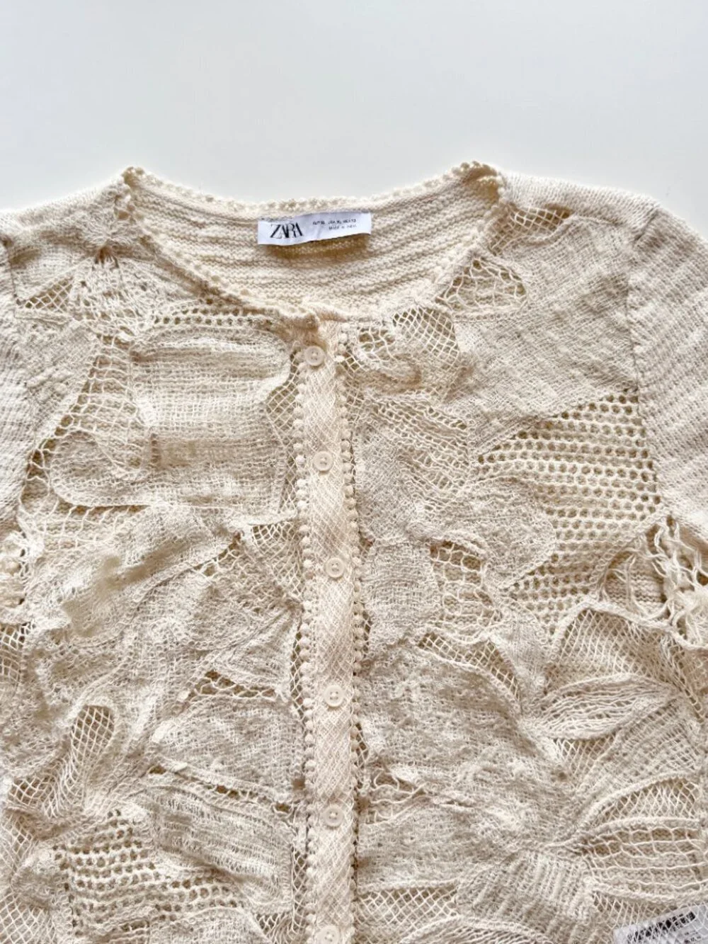 ZARA Ecru Ivory Contrast Cotton Blend Lace Knit Cardigan Sweater, Size XL - Picture 7 of 16